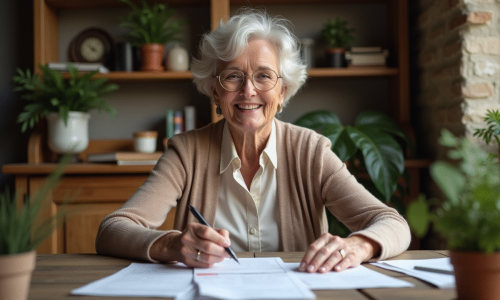 Femme senior souriante examinant documents financiers