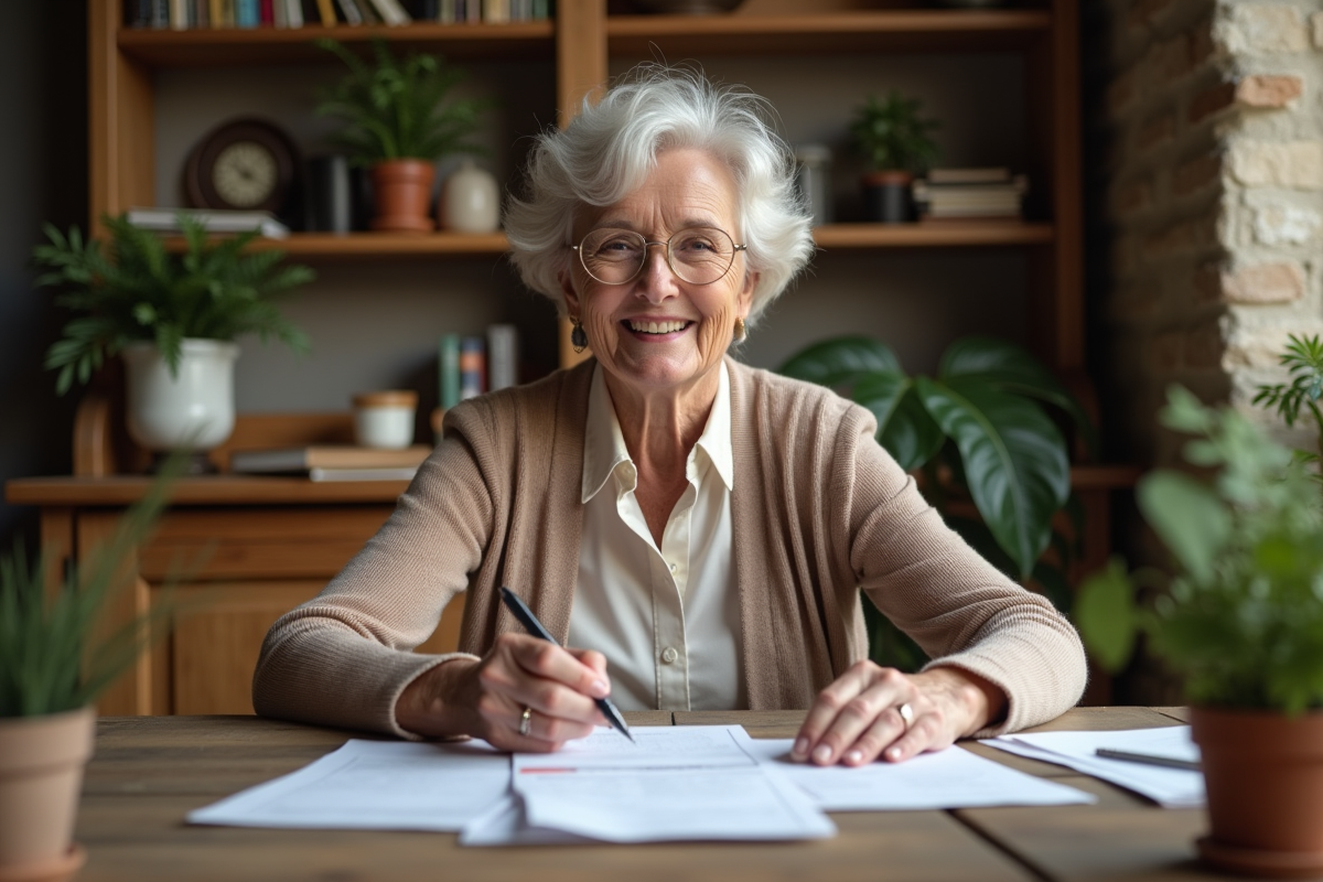 Femme senior souriante examinant documents financiers