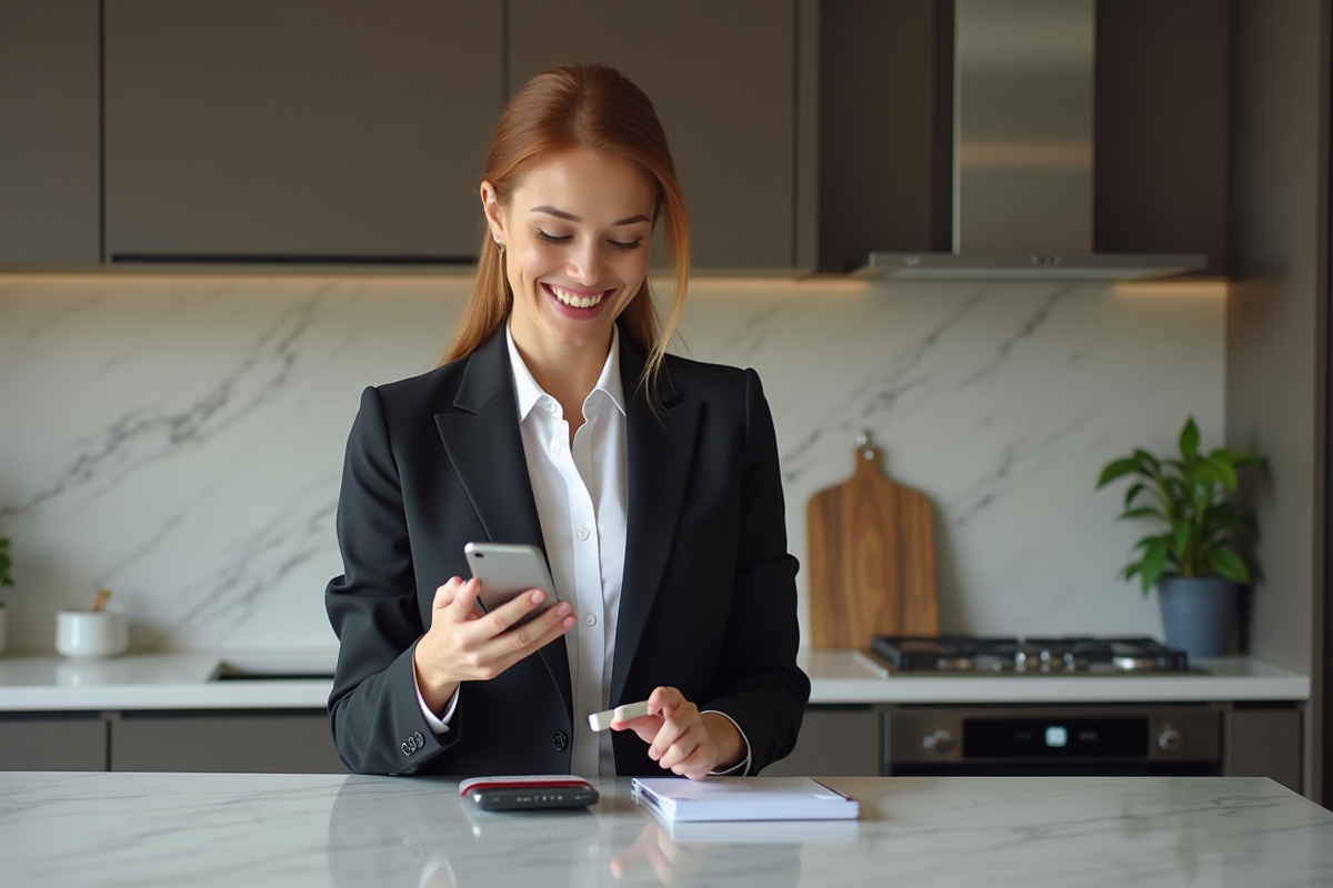 Femme souriante effectuant une transaction sur son smartphone à la maison