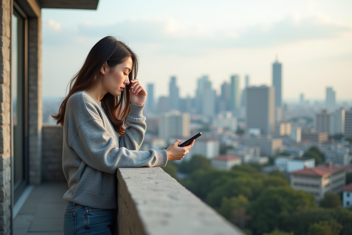 Jeune femme regardant des graphiques crypto sur son smartphone en terrasse urbaine