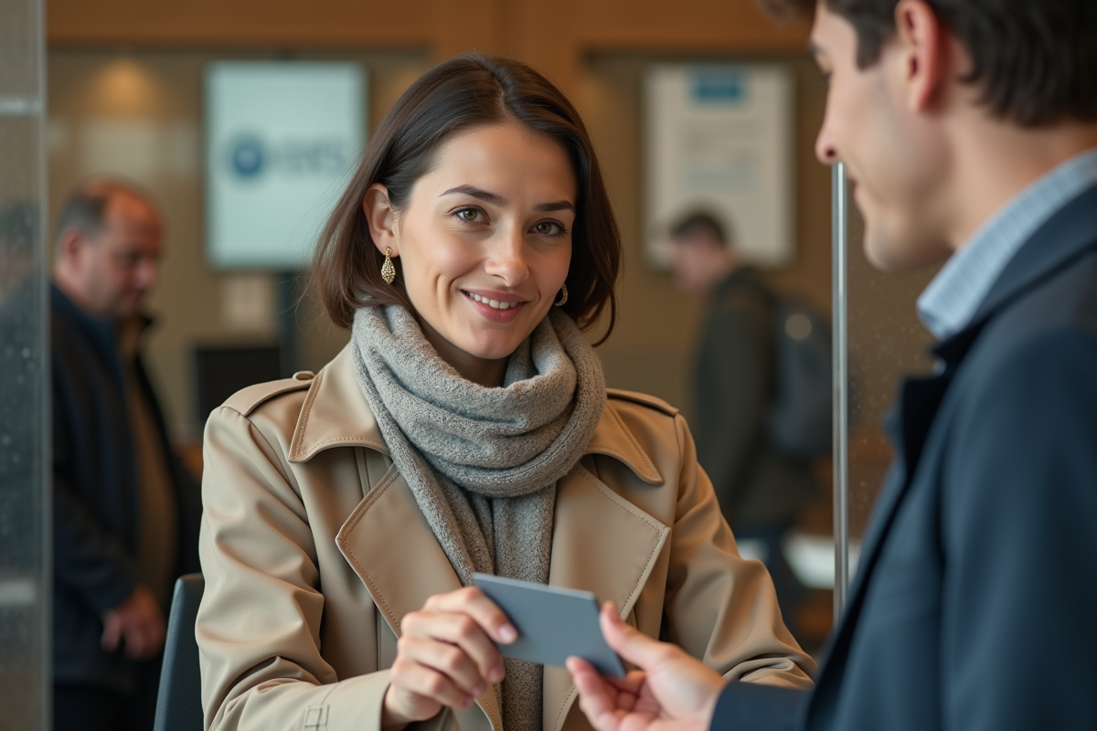 Jeune femme remettant sa carte bancaire au guichet d