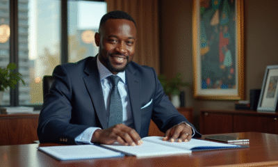 Homme d'affaires africain en costume dans un bureau moderne