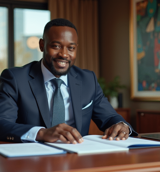 Homme d'affaires africain en costume dans un bureau moderne