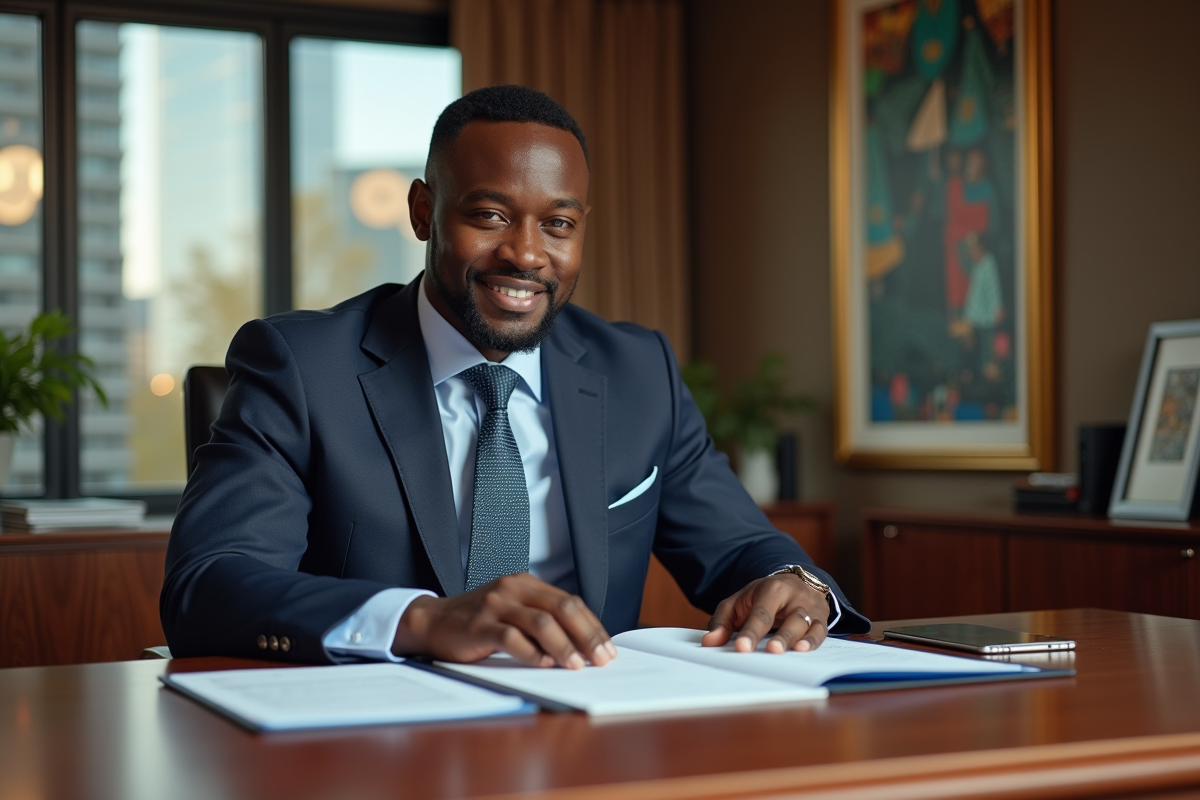 Homme d'affaires africain en costume dans un bureau moderne