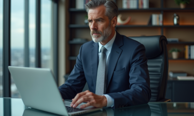 Homme d'affaires en costume bleu regardant des graphiques financiers