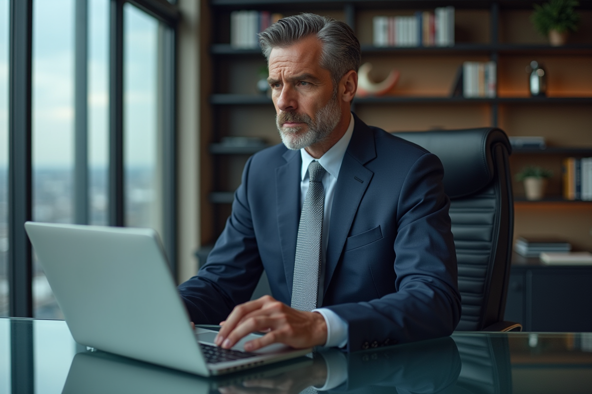 Homme d'affaires en costume bleu regardant des graphiques financiers