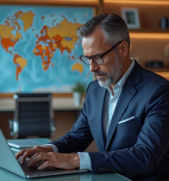 Homme d'affaires en costume bleu travaillant sur un ordinateur avec une tablette crypto