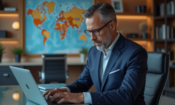 Homme d'affaires en costume bleu travaillant sur un ordinateur avec une tablette crypto