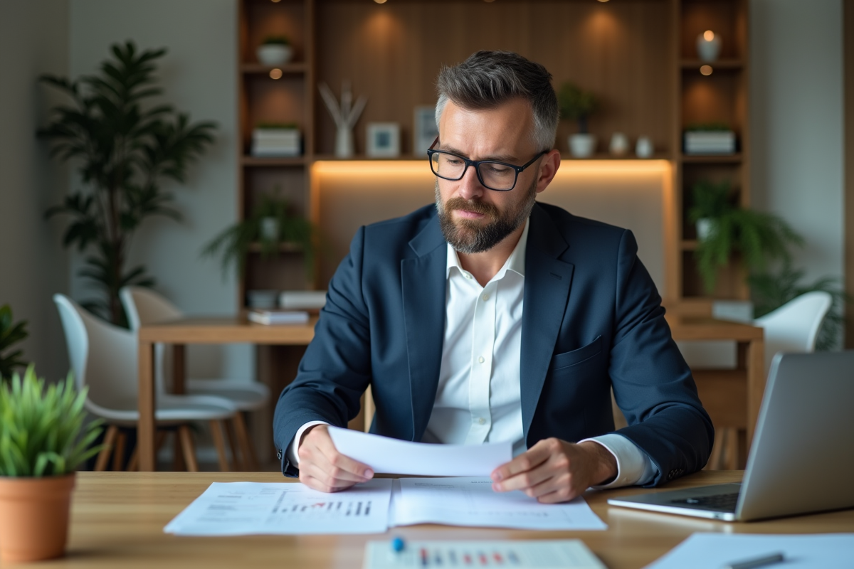 Homme d'affaires en costume examine des documents de prêt immobilier