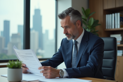 Homme d'affaires en costume bleu examine des documents fiscaux