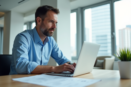 Homme d'affaires en chemise bleue examine des documents bancaires