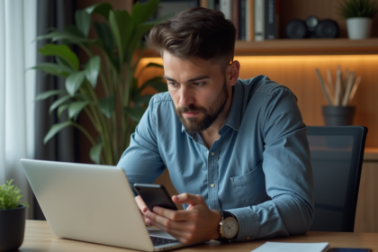 Homme au bureau à domicile utilisant son ordinateur portable