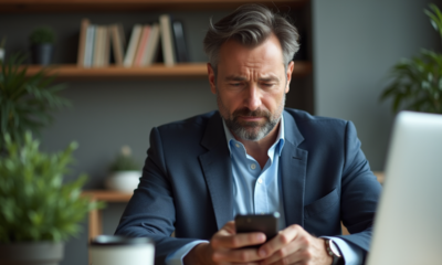 Homme d'âge moyen au bureau regardant son smartphone