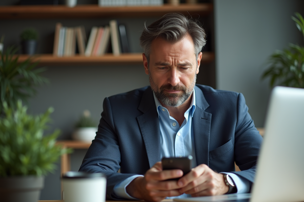 Homme d'âge moyen au bureau regardant son smartphone