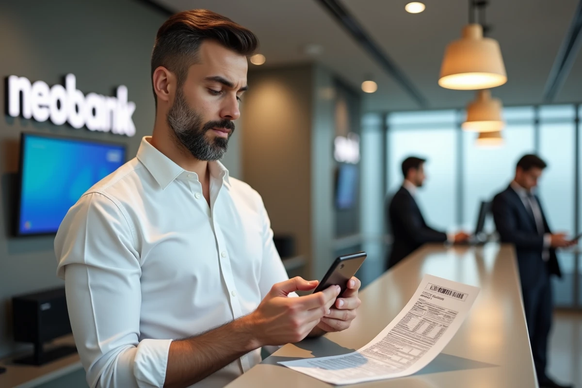 Homme comparant une application de banque en ligne et un relevé bancaire traditionnel dans une agence moderne