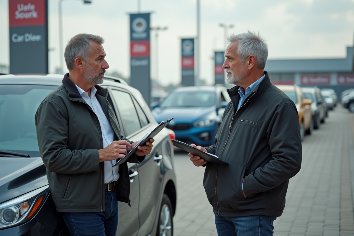 Homme discutant avec un collègue devant une voiture d