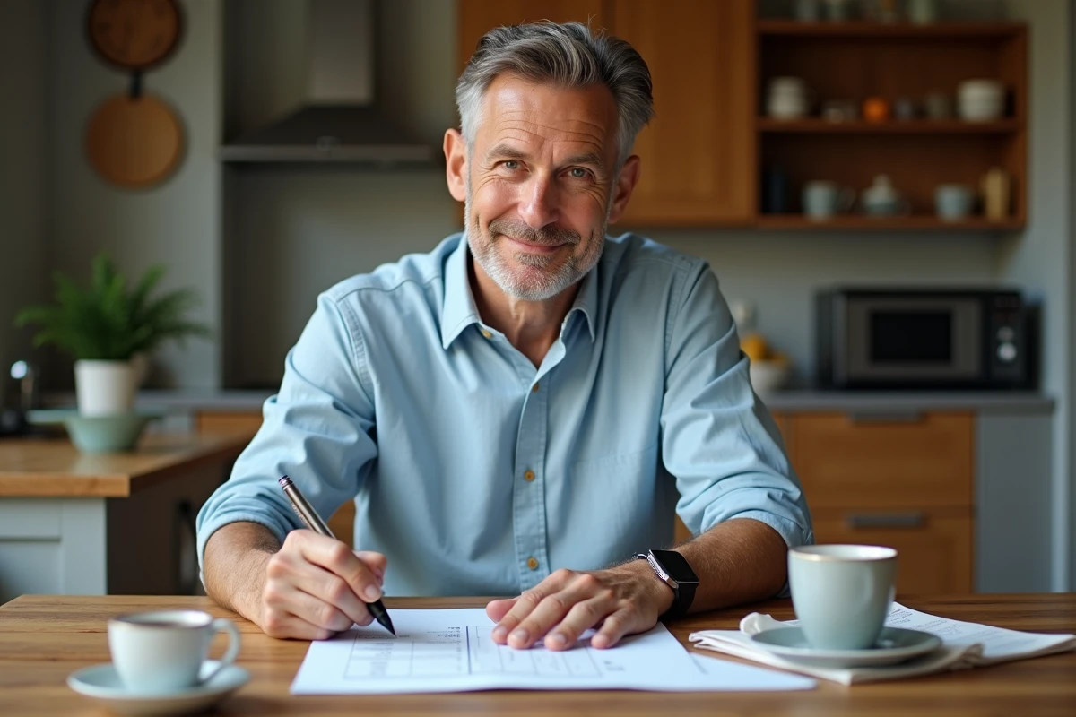 Homme à la maison analysant sa fiche de paie