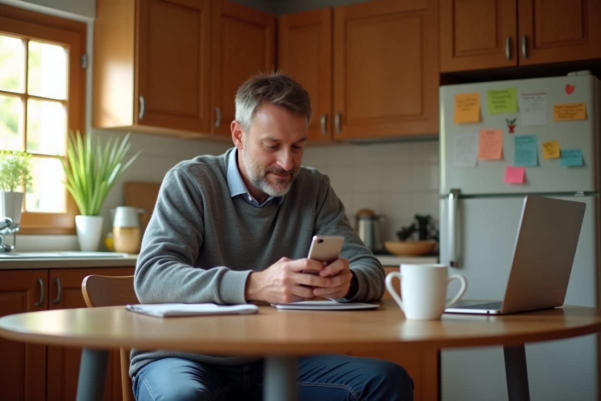 Homme détendu vérifiant son smartphone dans une cuisine chaleureuse