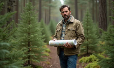 Homme d'âge moyen dans la forêt examine une carte d'investissement forestier
