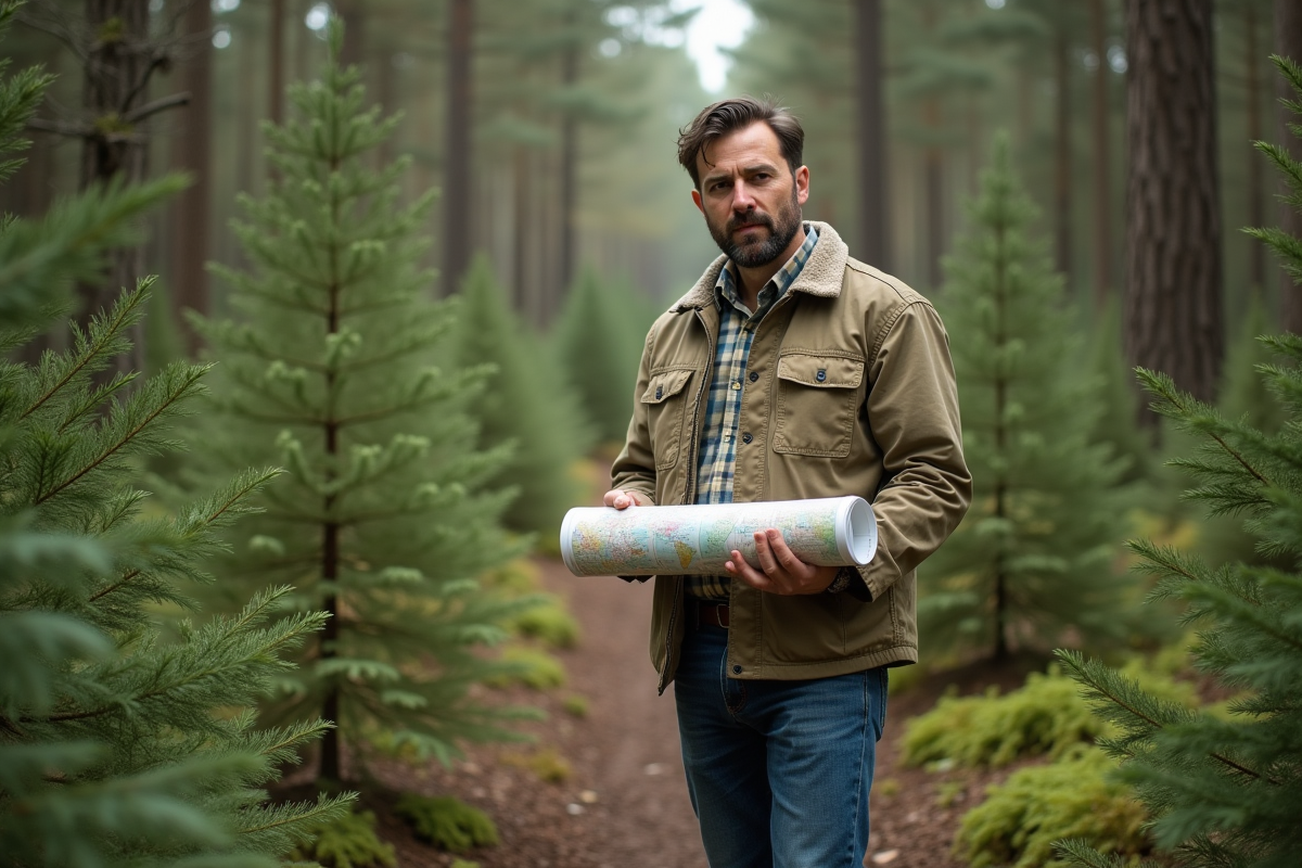 Homme d'âge moyen dans la forêt examine une carte d'investissement forestier