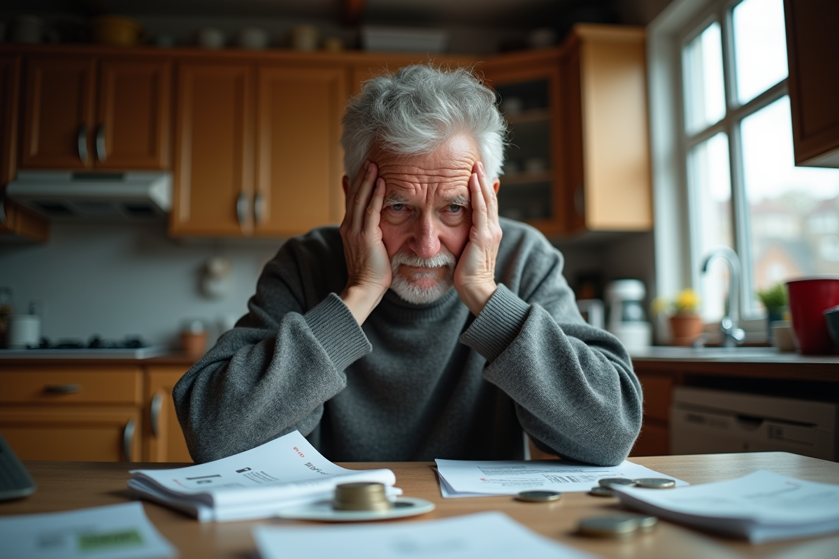 Homme âgé préoccupé par ses factures dans sa cuisine