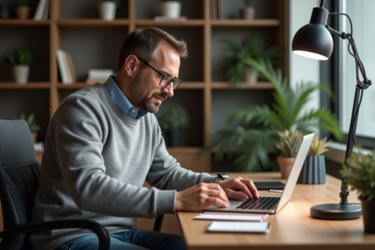 Homme d'âge moyen examinant un portefeuille hardware dans un bureau
