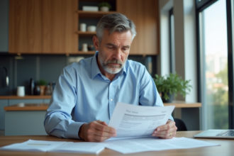 Homme d'âge moyen examinant des documents fiscaux à la maison