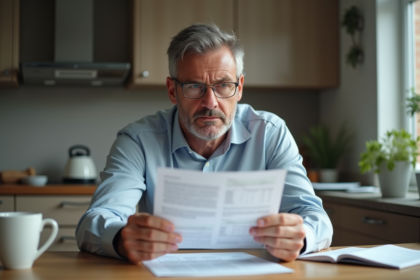 Homme d'âge moyen examine des documents financiers à la maison