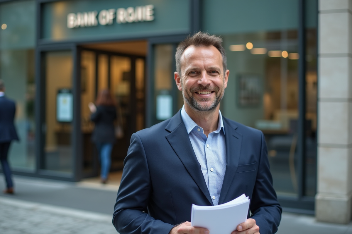 Homme souriant devant une banque moderne avec ses papiers