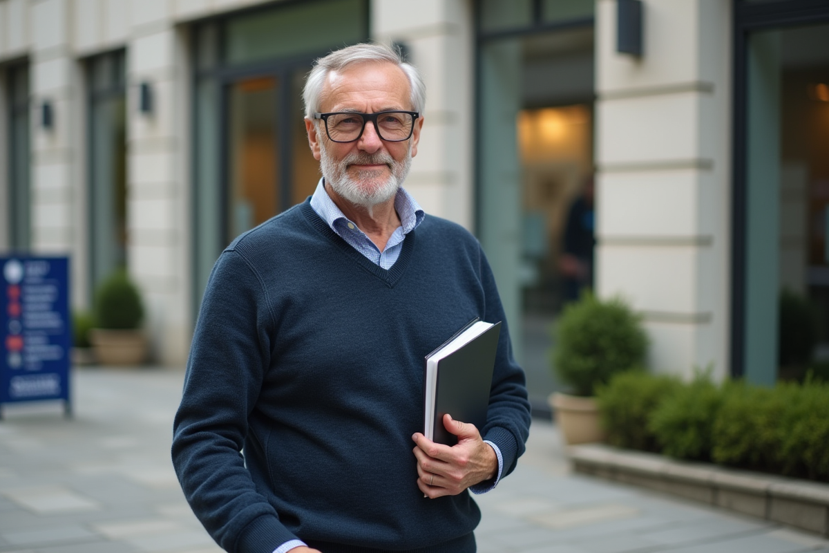 Homme senior sortant d un bureau administratif pension