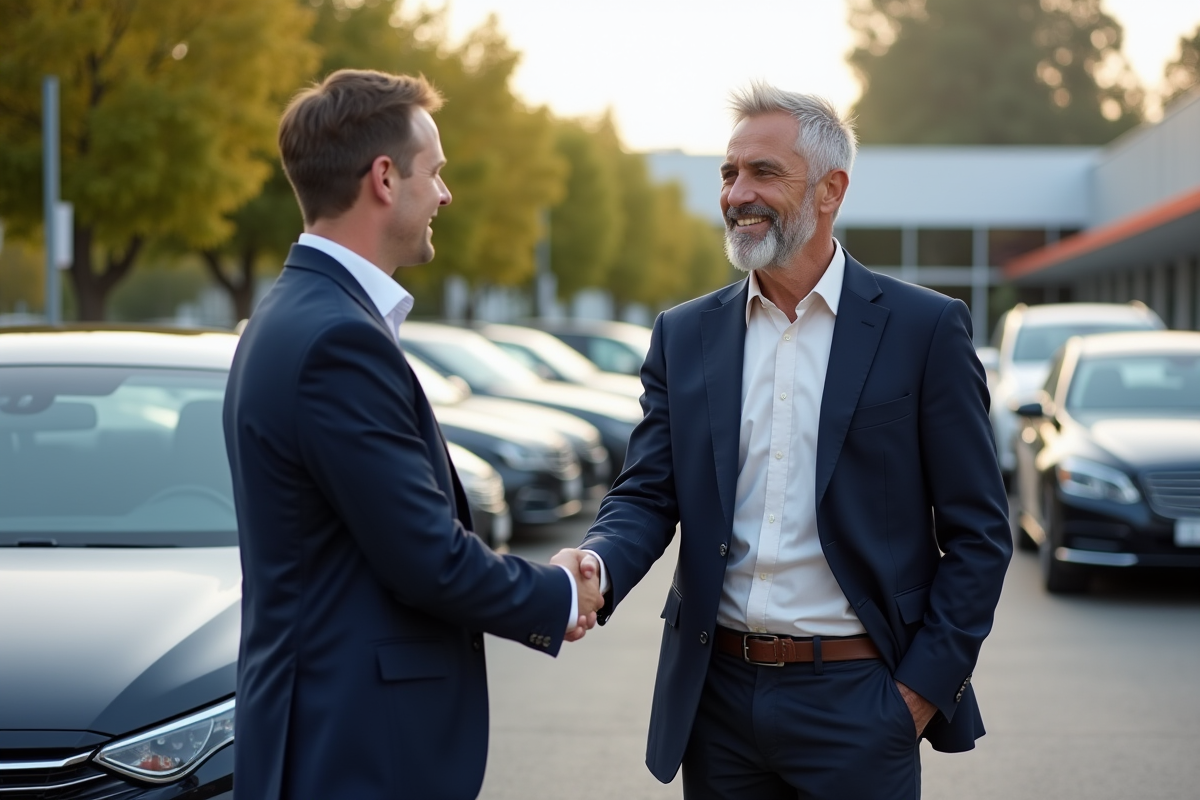 Homme d age moyen serrant la main d un concessionnaire automobile