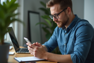 Homme en train de gérer une transaction Bitcoin sur smartphone