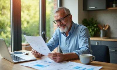 Homme souriant examinant des documents financiers et dividendes