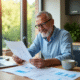 Homme souriant examinant des documents financiers et dividendes