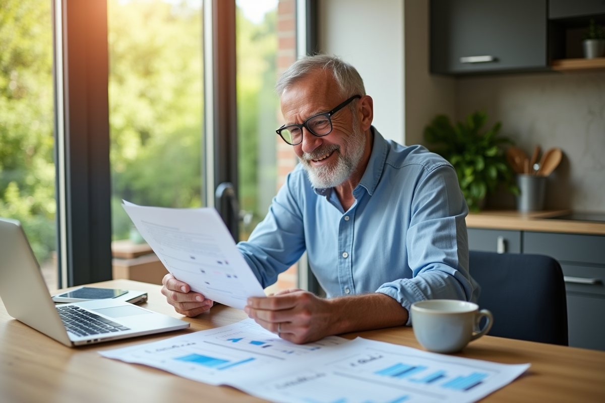Homme souriant examinant des documents financiers et dividendes