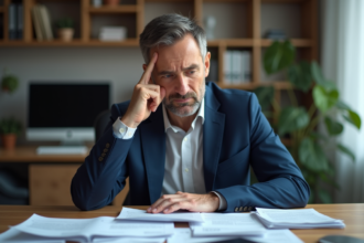Homme d'âge moyen anxieux face à ses factures impayées
