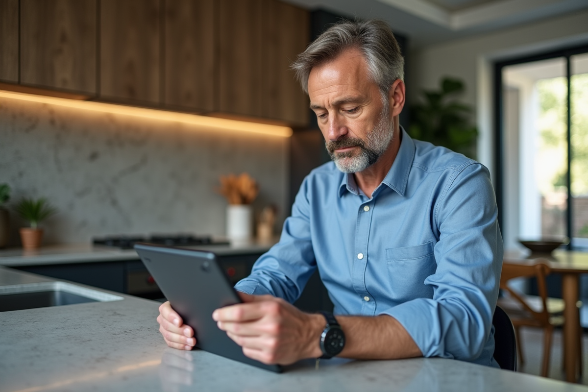 Homme détendu vérifiant ses ETF sur une tablette dans la cuisine