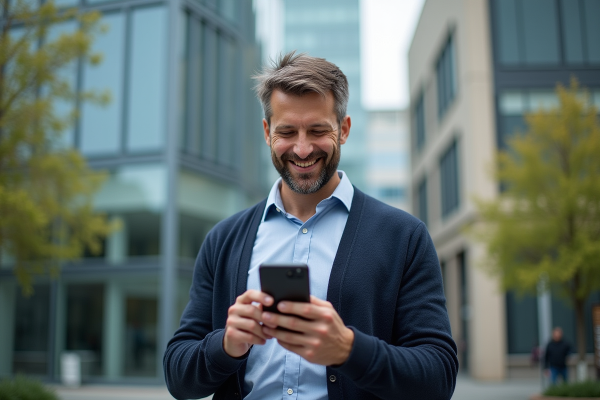 Homme souriant vérifiant une application d