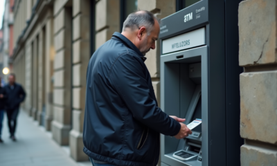 Homme d'âge moyen retirant de l'argent à un ATM devant une banque moderne