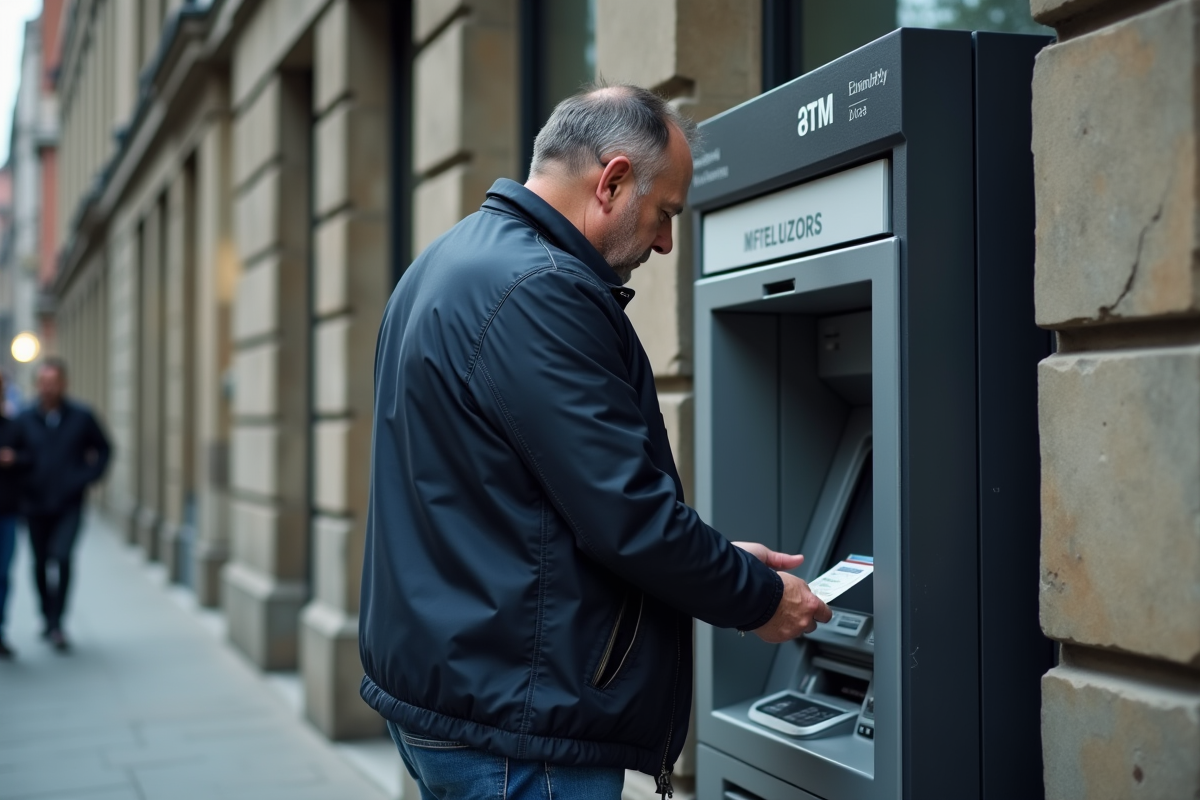 Homme d'âge moyen retirant de l'argent à un ATM devant une banque moderne
