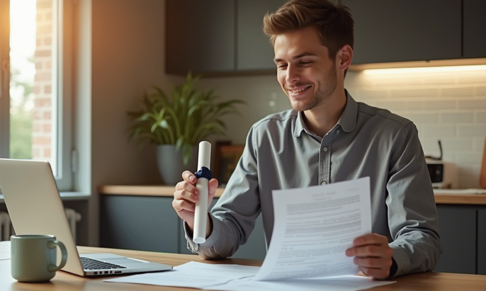 Jeune diplômé étudiant ses finances dans une cuisine lumineuse