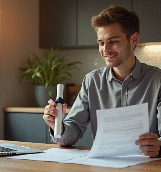 Jeune diplômé étudiant ses finances dans une cuisine lumineuse