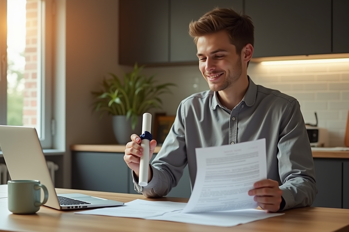 Jeune diplômé étudiant ses finances dans une cuisine lumineuse