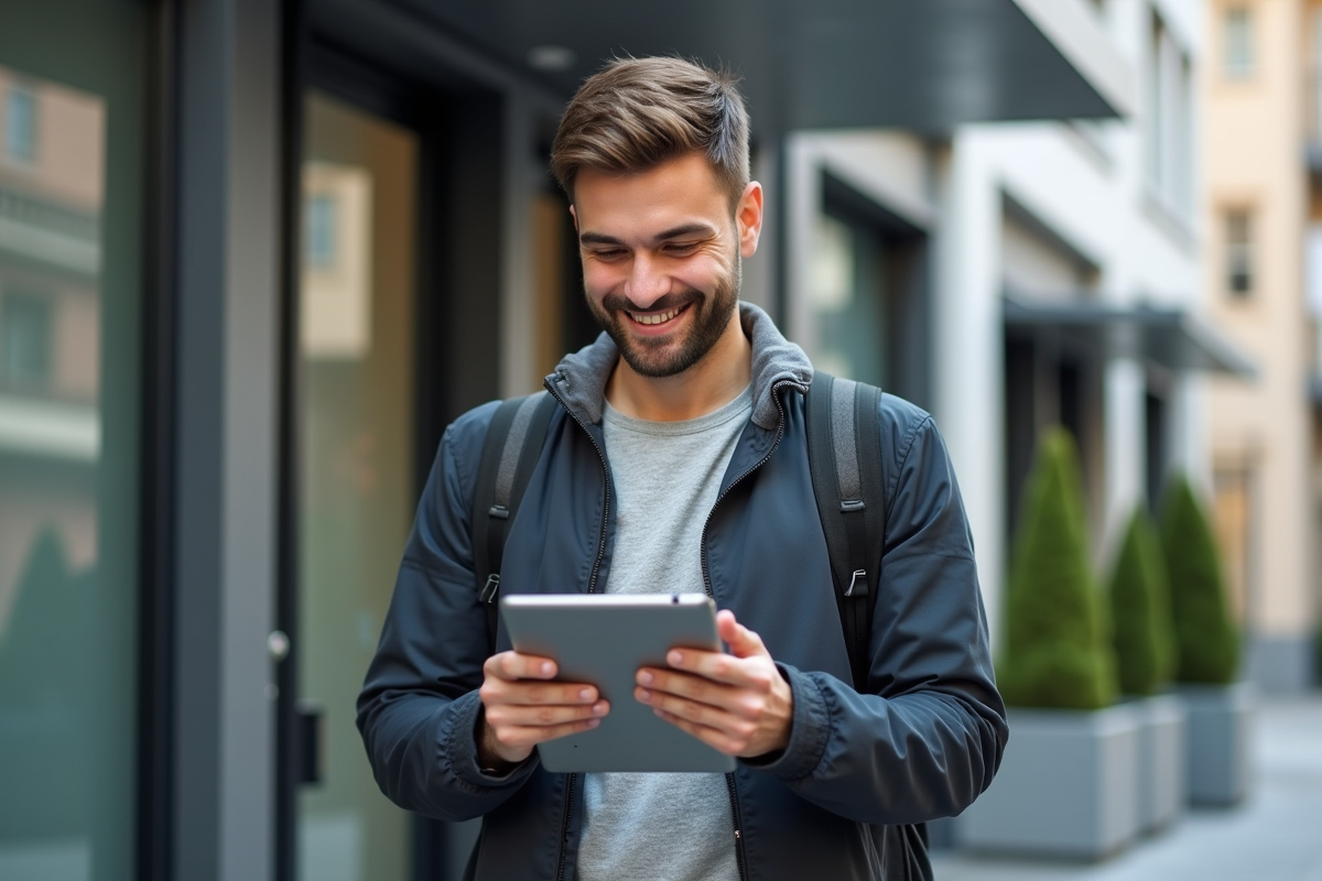 Jeune entrepreneur souriant utilise une tablette devant un bâtiment moderne