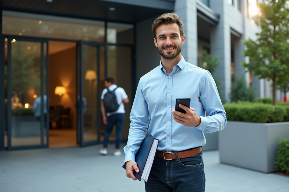 Jeune entrepreneur debout devant un bâtiment de coworking moderne