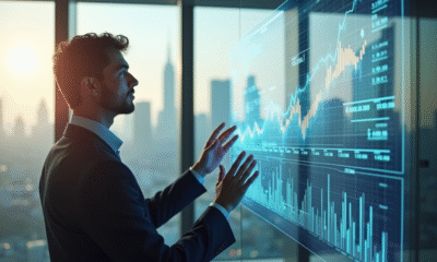 Jeune entrepreneur analysant des graphiques financiers futuristes