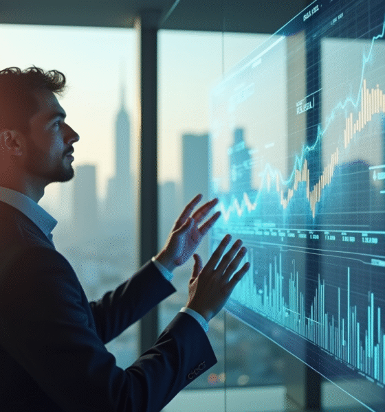 Jeune entrepreneur analysant des graphiques financiers futuristes