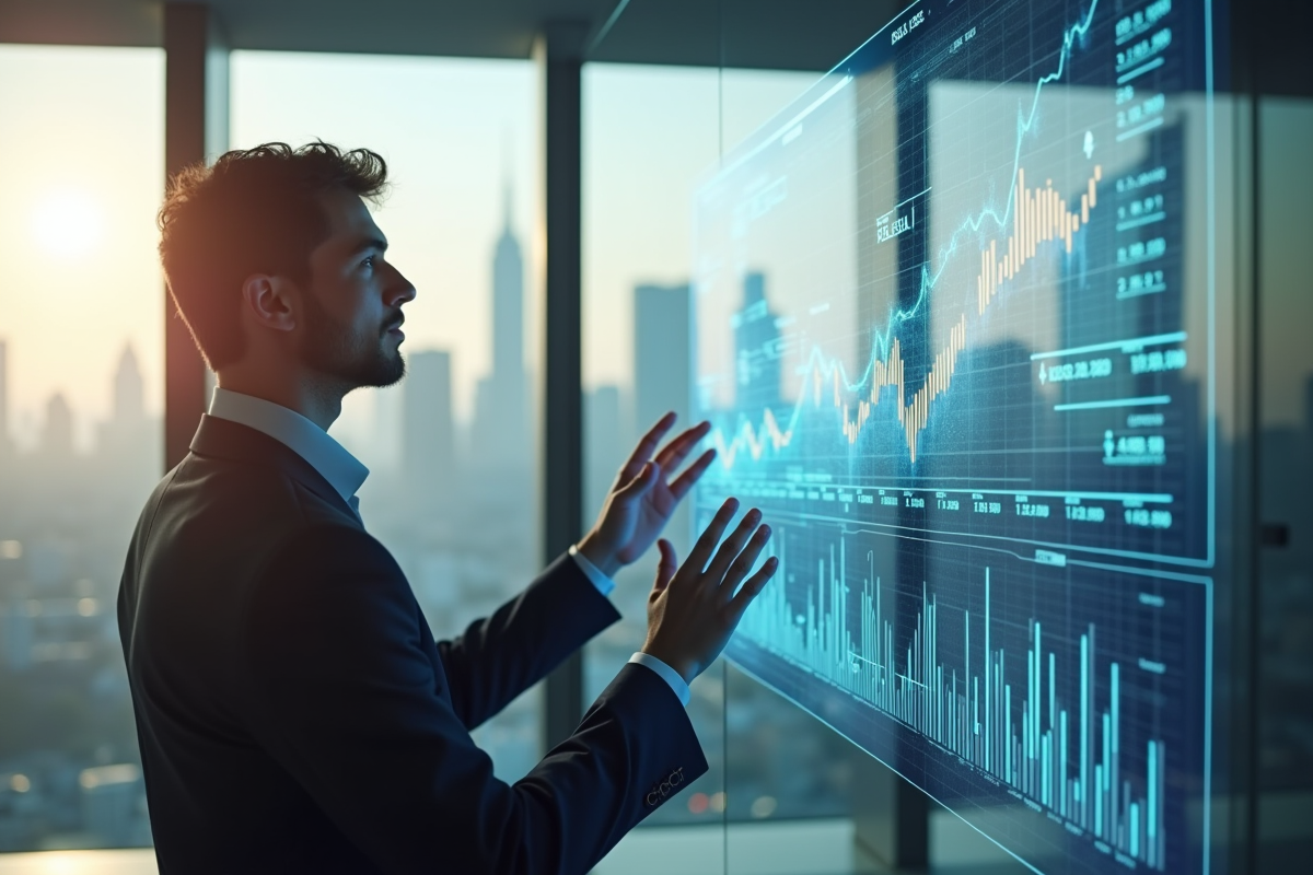 Jeune entrepreneur analysant des graphiques financiers futuristes