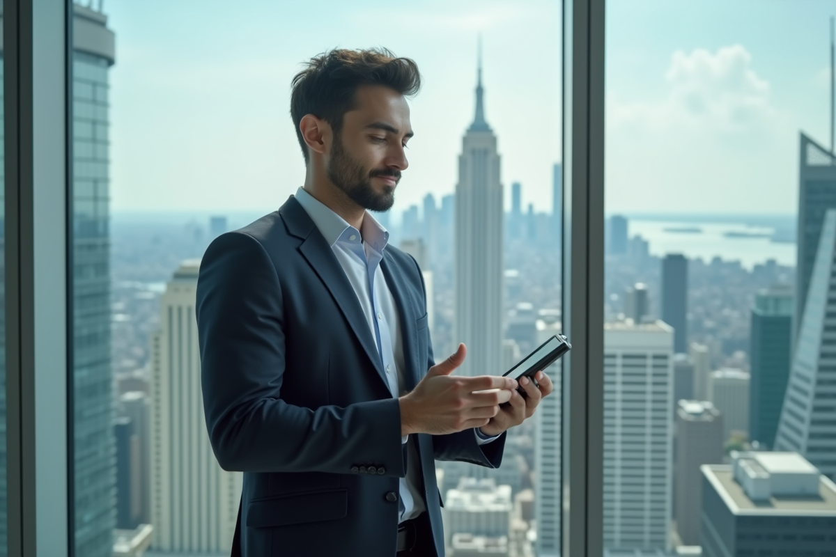 Jeune entrepreneur avec graphique financier devant la ville
