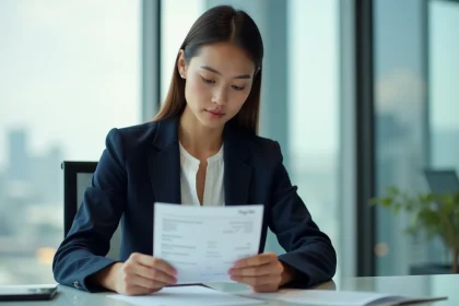 Jeune femme en bureau examinant sa fiche de paie